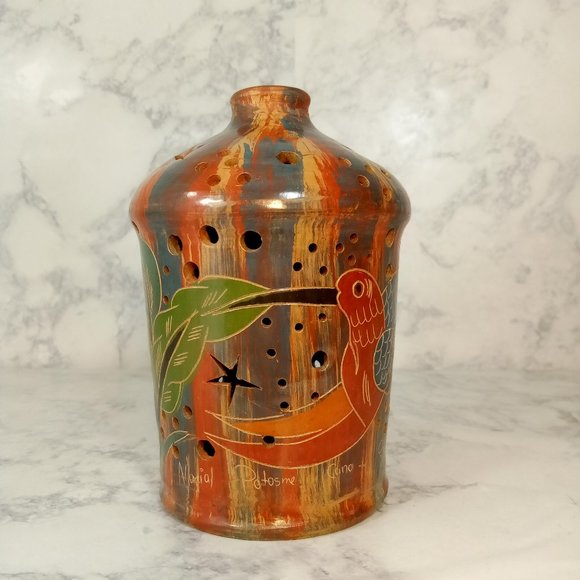 Costa Rican Handmade Multi-Colored Brushed Candle Holder, Collectable Pottery - Picture 1 of 8